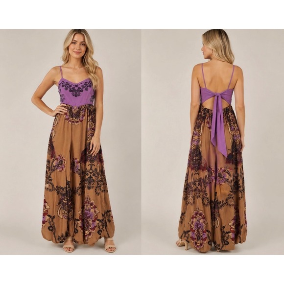 Free People Pants - Free People Purple Tan Embroidered Wide Leg Jumpsuit Boho Festival Sz S NWT